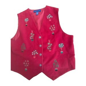 Vtg Karen Scott Embroidered Red Christmas Holiday Vest Ugly XL Christmas Party